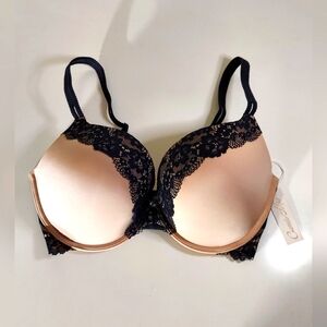 Camio Mio Heavenly Lace Plunge Black/Rugby Push Up Bra Women's Size 34DDD NWT